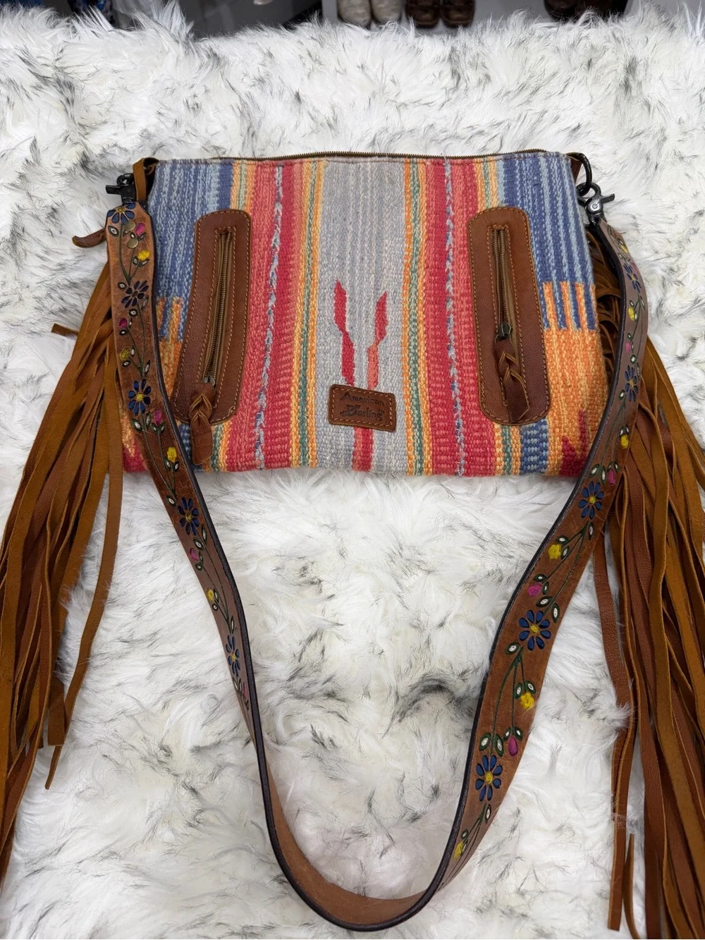 American Darling Multicolor Striped Fringe Crossbody Bag with Brown Trim